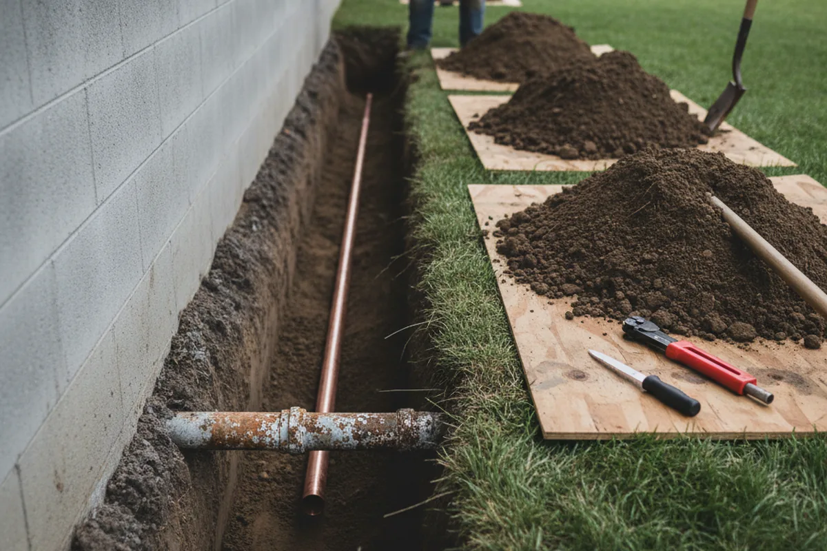 Excavated water line trench during Water Softener Installation in Friedens